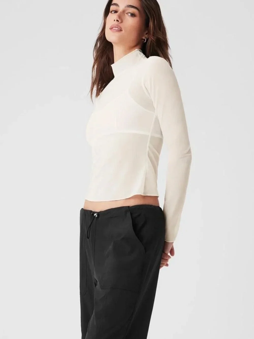 Alo Mesh Sheer Illusion Mock Neck Long Sleeve - Ivory - Size Medium
